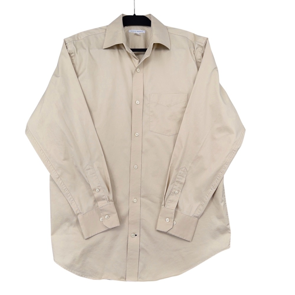 Banana Republic Men Tan Cotton Button Down Shirt Large 16-16.5 Khaki Long Sleeve